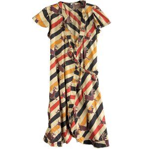 LL BEAN  Diag. Stripe Deer Wrap Midi Dress  Abstract Animal Print, Tie‑Waist, 4